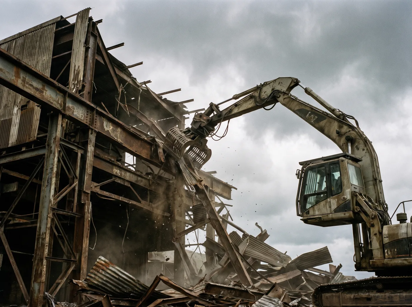 Rückbau einer Industrieanlage – Demontage von Stahlkonstruktionen mit Bagger
