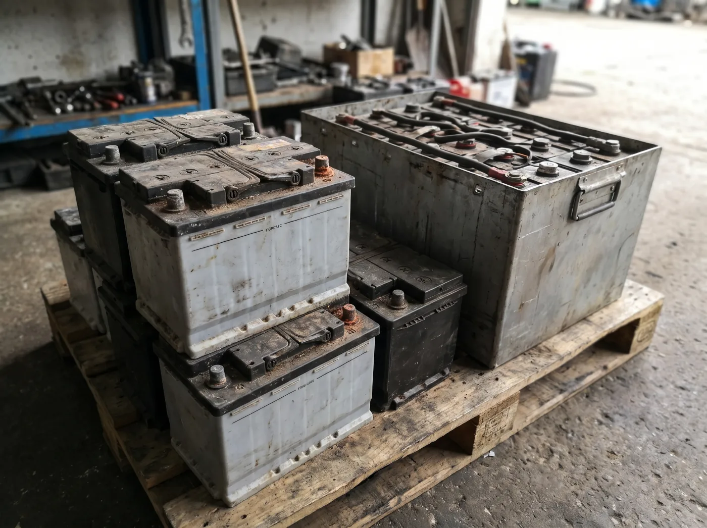 Blei-Akkus und Staplerbatterie gesammelt zur fachgerechten Entsorgung