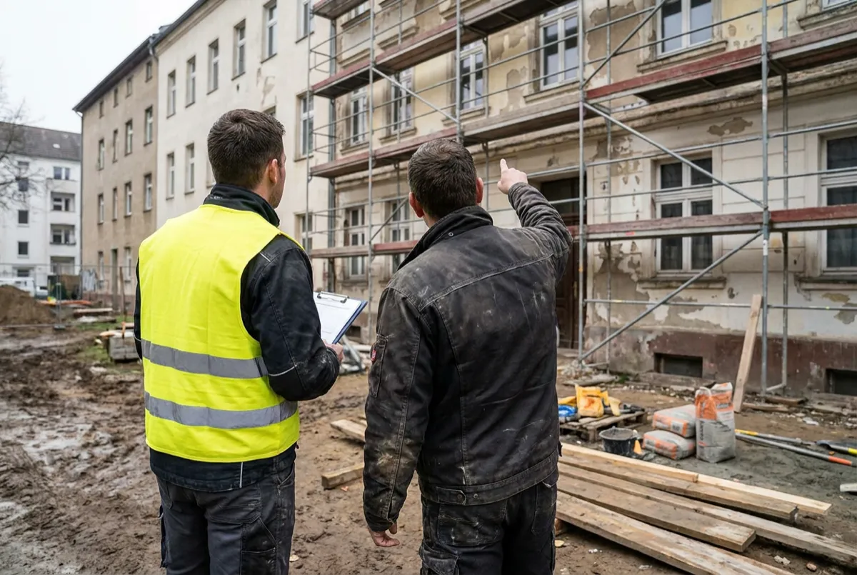 Abstimmung zwischen Probenehmer und Bauverantwortlichem auf einer Baustelle