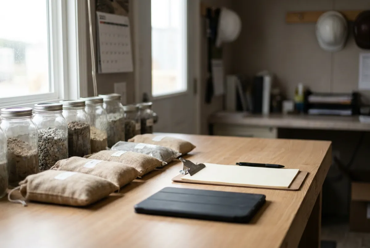 Materialproben, Probenahmeprotokoll und Tablet auf einem Arbeitstisch