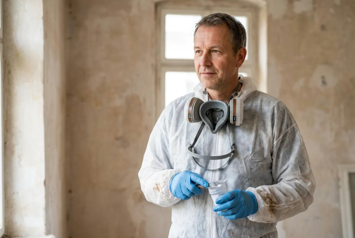 Probenehmer mit Einweganzug, Halbmaske und Schutzhandschuhen