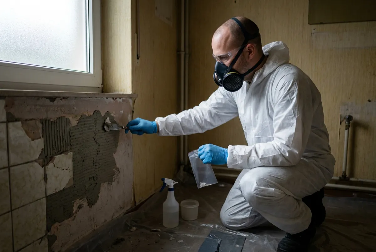 Fachkundige Entnahme einer Materialprobe an altem Fliesenkleber