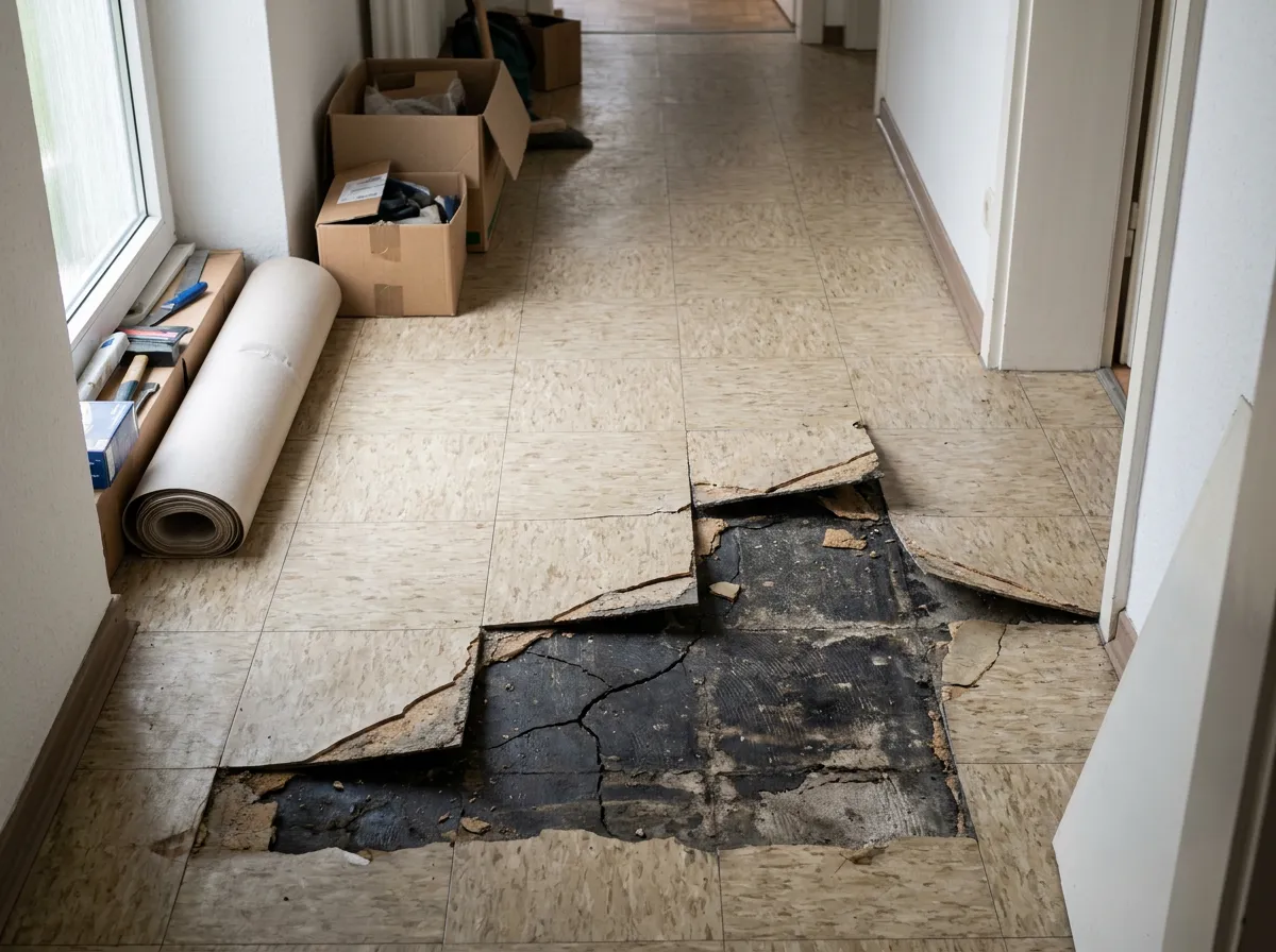 Alte Floor-Flex-Platten mit schwarzem bituminösem Kleber