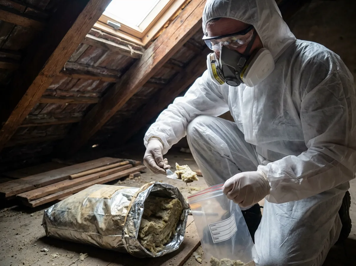Geschützte KMF-Probenahme an alter Mineralwolle im Dachbereich