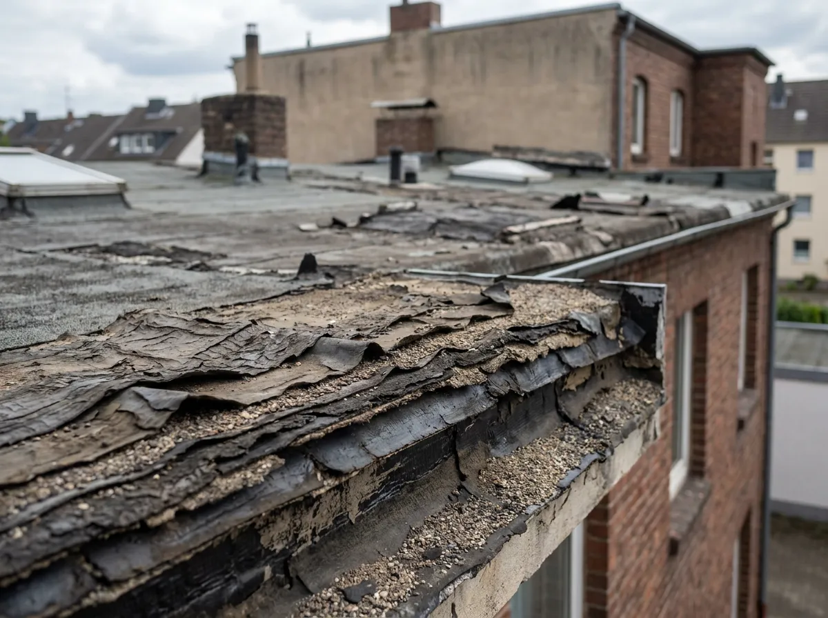 Älterer Dachaufbau mit mehreren Lagen Dachpappe und Bitumen