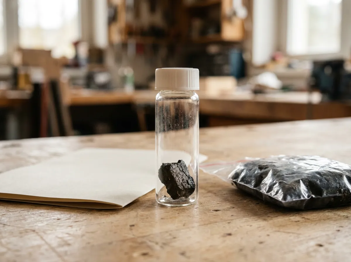 Versiegelte Materialprobe eines bituminösen Klebers für die Laboranalyse