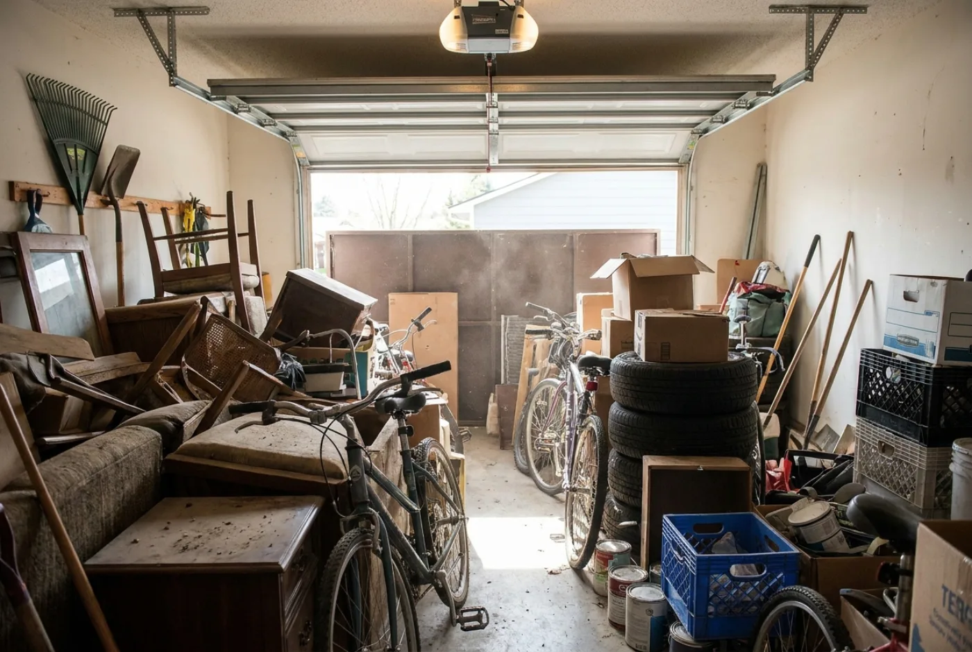Vorher: zugestellte Garage vor der Entrümpelung