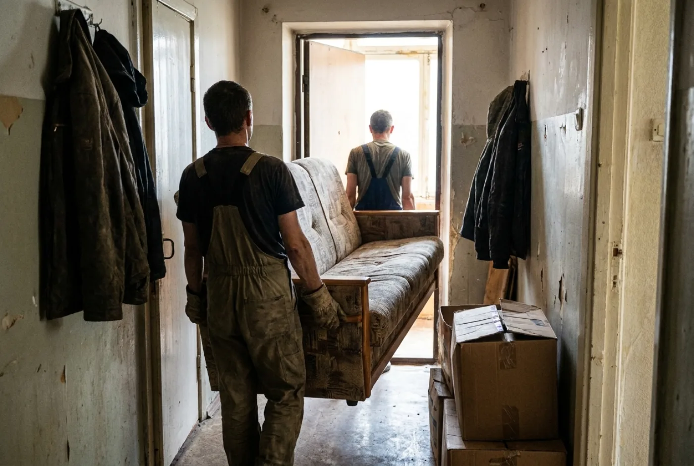 Haushaltsauflösung – eigenes Team trägt ein Sofa aus der Wohnung