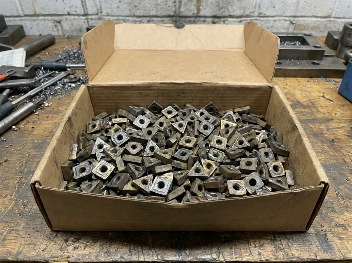 Versandkarton mit gebrauchten Wendeschneidplatten als Hartmetallschrott für den Paketankauf