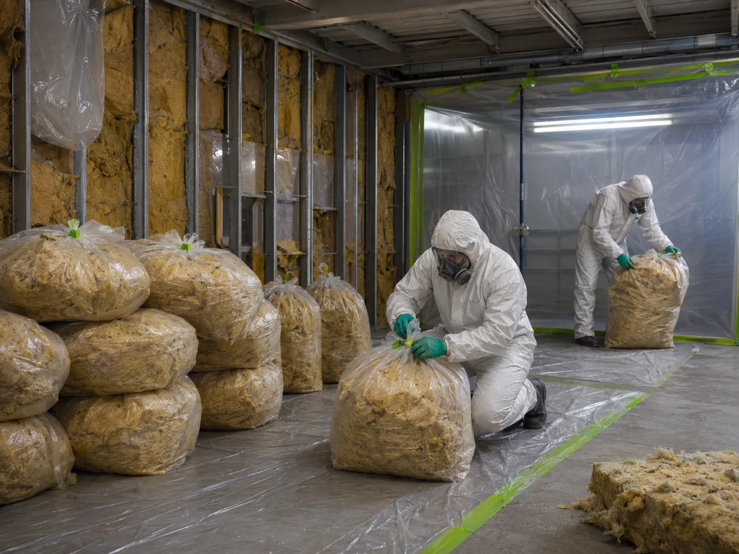 Schadstoffsanierung in Braunschweig: staubdicht verpackte KMF-Säcke im abgeschotteten Arbeitsbereich