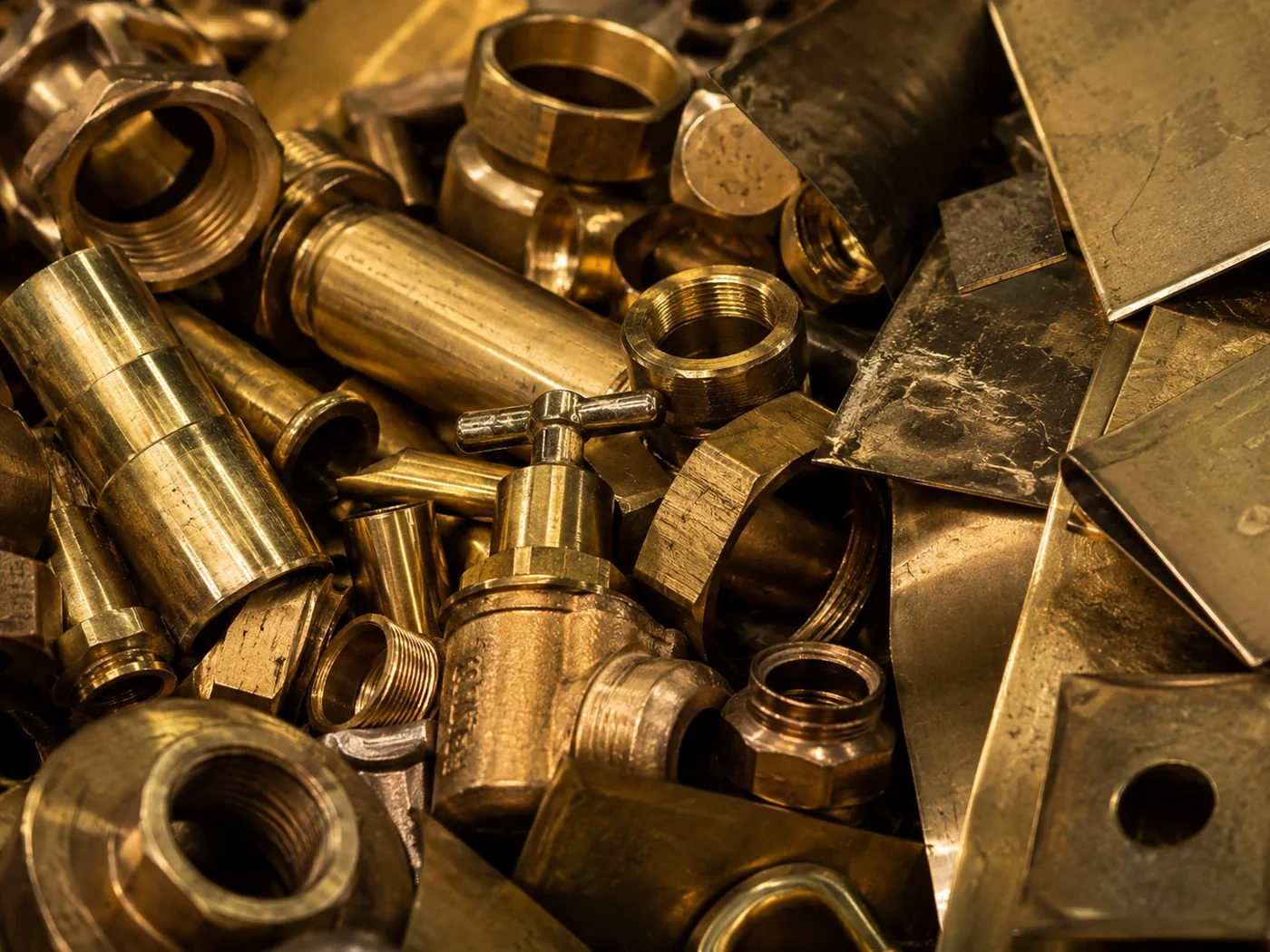 Messingschrott mit Armaturen, Fittings und Messingblechen