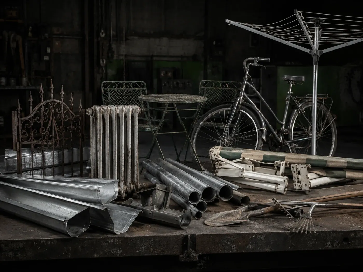 Schreddervormaterial aus Privathaushalt mit Fahrrad, Markise, Heizkörper, Wäschespinne und leichtem Metallschrott