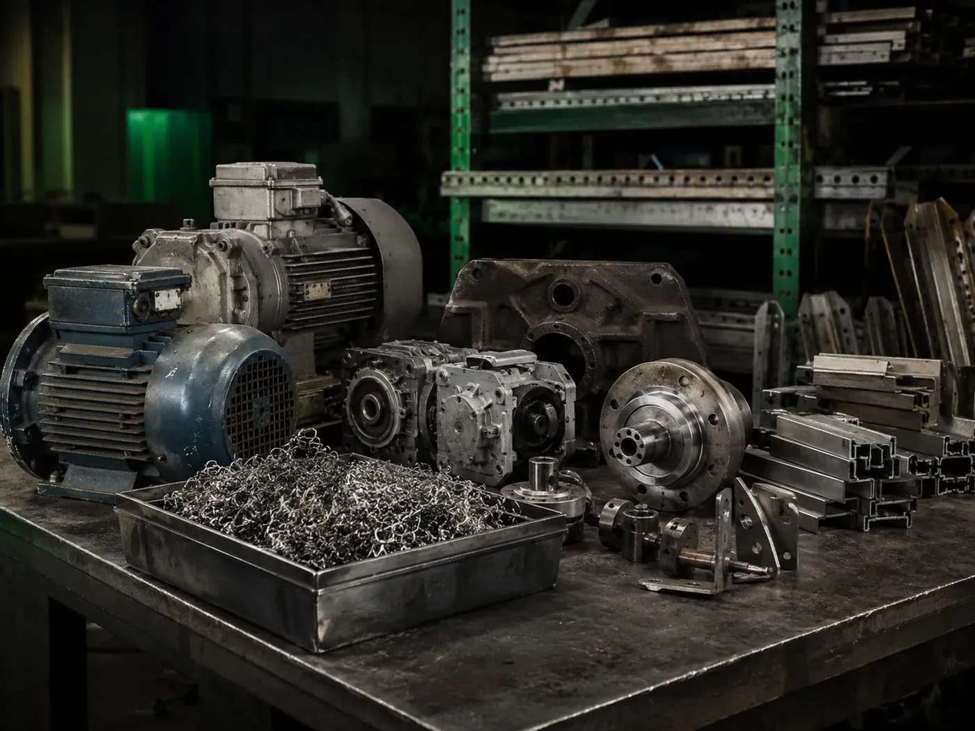 Werkstatt- und Betriebsschrott mit Maschinen, Elektromotoren, Getrieben, Metallspänen, Regalen und Produktionsteilen