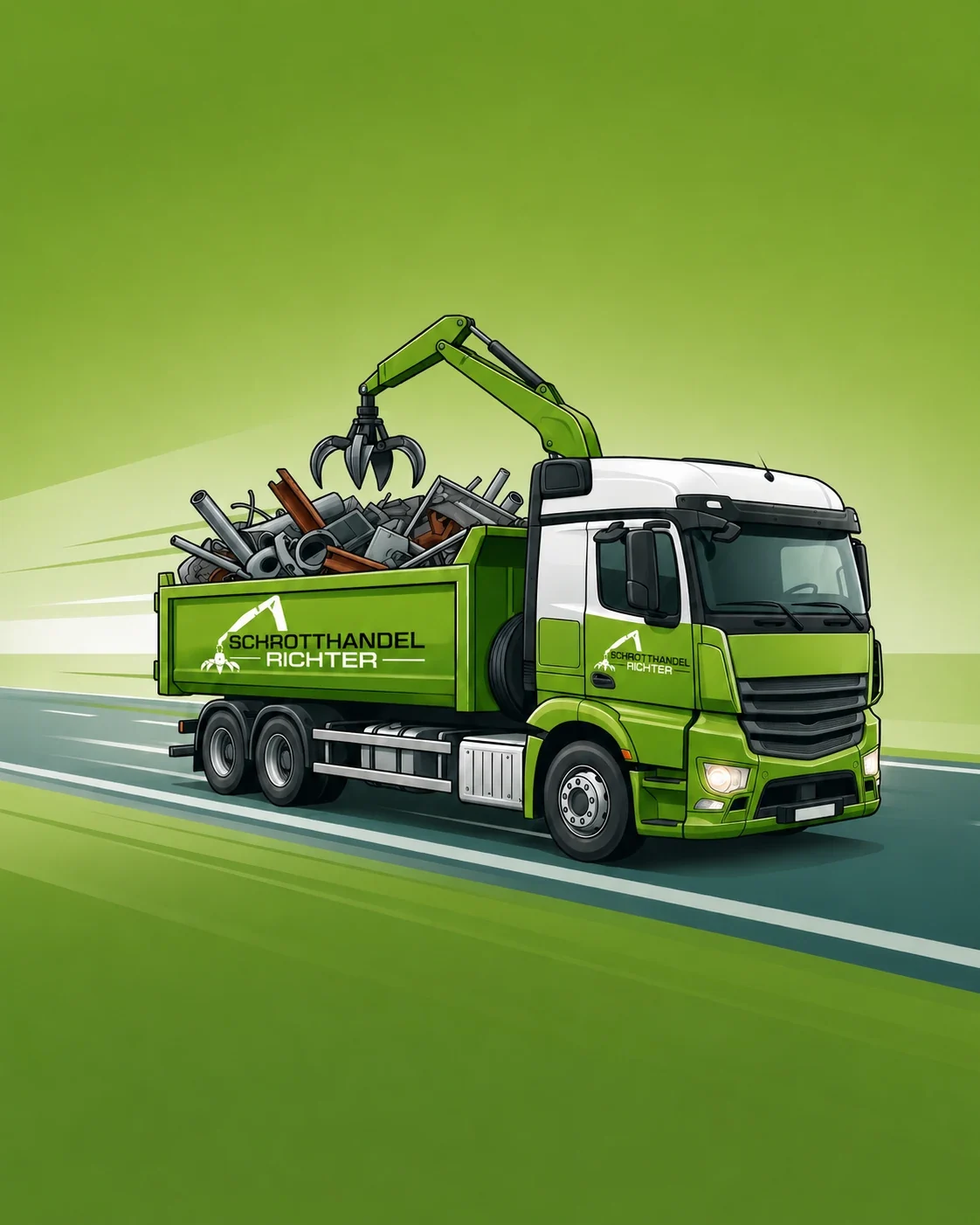 Schrottabholung und Metallankauf mit grünem LKW, Ladekran und Schrottcontainer von Schrotthandel Richter