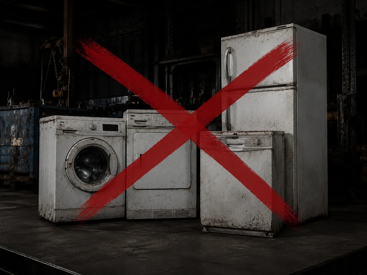 Weiße Ware aus Privathaushalten wie Waschmaschine, Wäschetrockner, Spülmaschine und Kühlschrank mit rotem X als Hinweis auf Nichtannahme