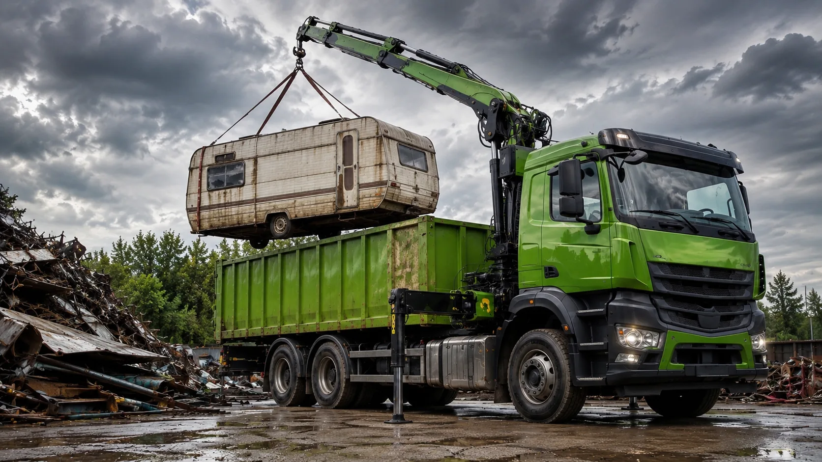 LKW mit Ladekran verlädt einen alten Wohnwagen zur Verschrottung bei Schrotthandel Richter